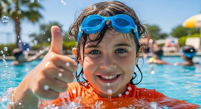 Smiling child gives a thumbs up in a swimming pool on a sunny day - Powered by Adobe