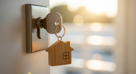 Key with house keychain in open door lock