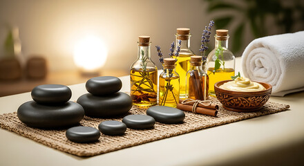 Relaxing spa therapy setup with massage stones essential oils and towel