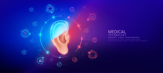 Ear realistic shape model with translucent polygon connection to the medical network icons. Innovation in digital smart science health care technology. Banner vector.