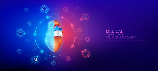 Heart realistic shape model with translucent polygon connection to the medical network icons. Innovation in digital smart science health care technology. Banner vector.