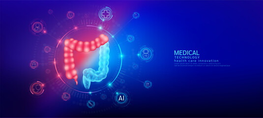 Intestine realistic shape model with translucent polygon connection to the medical network icons. Innovation in digital smart science health care technology. Banner vector.