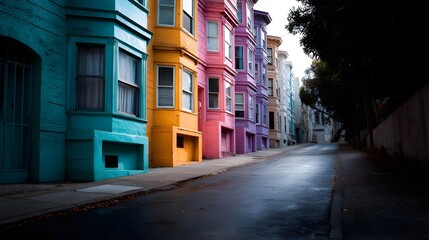 Naklejka premium Vibrant row of colorful painted houses on a wet urban street