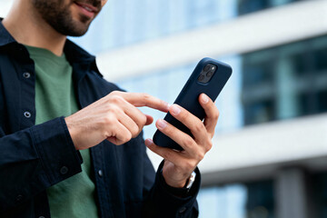 A man casually dressed in a green shirt holding a smartphone with both hands, typing a message while standing outdoors in a modern city area.