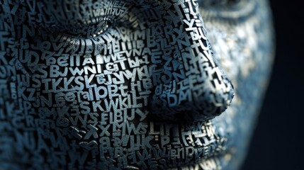 A close-up of a textured face composed of letters, creating a unique blend of typography and human form, emphasizing the relationship between language and identity.