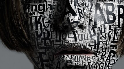 A striking portrait features a face covered in intricate text, exploring themes of identity and expression through typography.