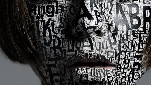 A striking portrait features a face covered in intricate text, exploring themes of identity and expression through typography.