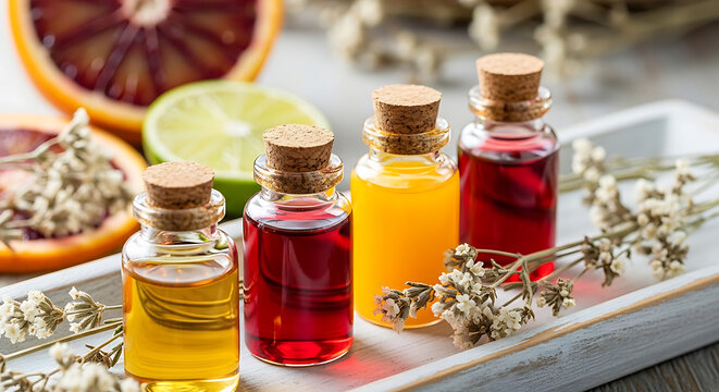 Natural essential oils aromatherapy liquids fruits herbs bottles