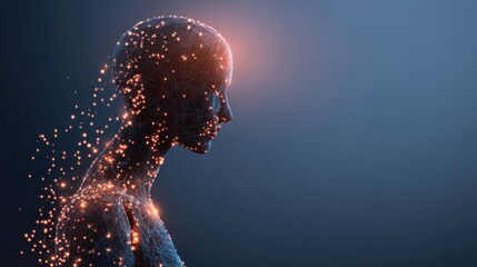 A digital representation of a human head, constructed from interconnected particles, symbolizing technology and artificial intelligence.