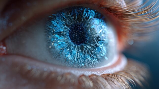 A close-up of a blue eye with intricate details, showcasing vibrant colors and fine textures in the iris and eyelashes. - Powered by Adobe