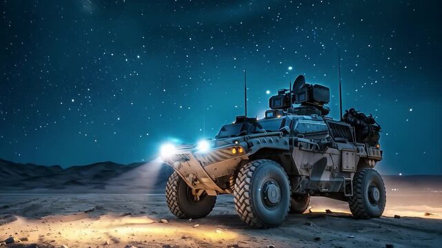 An army all-terrain vehicle with its headlights on at night in the desert under a starry sky. Illustration for articles on military equipment, adventure films, computer games, and travel blogs about t