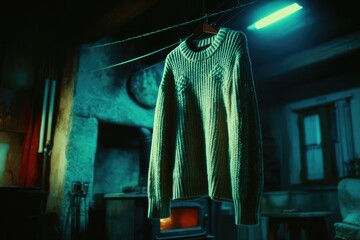 Cozy sweater hanging in dimly lit room, warm atmosphere with soft glow
