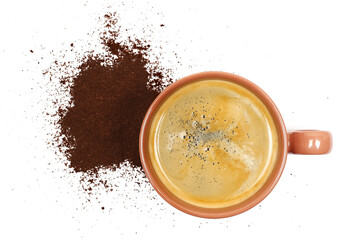 porcelain espresso coffee cup with ground isolated on white background, top view	