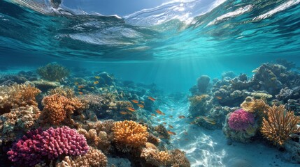 Obraz premium A vibrant underwater scene showcasing colorful coral reefs and diverse fish swimming in clear blue water.