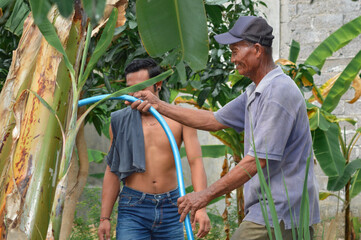 A cheerful father waters banana plants one by one while his son accompanies him in the village farmland during afternoon.