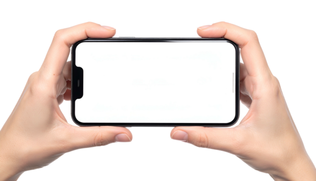 Two hands holding a mobile device horizontally with a blank white screen against a black background