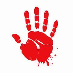 Vector illustration of a single red bloody handprint with messy splatters, symbolizing a warning sign or a crime scene concept