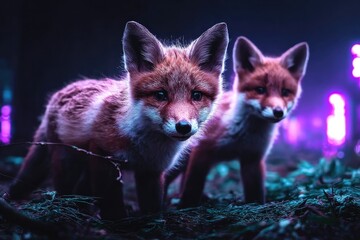 Two foxes explore vibrant landscape illuminated by neon lights and shadows