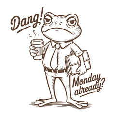Funny Frog Cartoon Illustration Monday Already Coffee Office Worker Humor Animal Vintage T Shirt Design