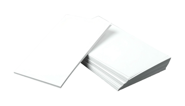 A stack of white rectangular papers, one separated and leaning against the stack, on black