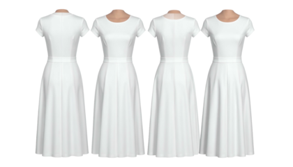 Four views of a white cap-sleeve dress on a headless mannequin, front, back, and sides