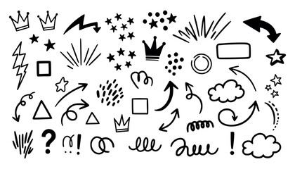 Vector art of collection of handdrawn doodle elements including crowns, stars, lightning bolts, arrows, clouds, question marks, exclamation points, and abstract shapes