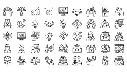 Vector art of collection of handdrawn business icons representing concepts like teamwork, strategy, finance, and communication