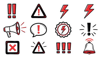 Vector art of collection of warning and alert icons, including exclamation marks, lightning bolts, caution signs, and a bell