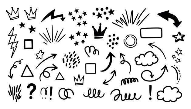 Vector art of collection of handdrawn doodle elements including crowns, stars, lightning bolts, arrows, clouds, question marks, exclamation points, and abstract shapes