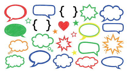 Vector art of collection of colorful handdrawn speech bubbles, thought bubbles, and decorative elements like hearts and stars