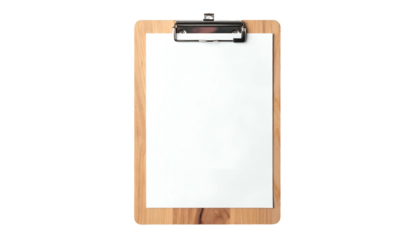Wooden clipboard holding a blank white sheet, ready for notes, with a shiny metal clip