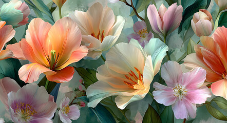 Watercolor floral pattern with delicate flowers and foliage for spring themes