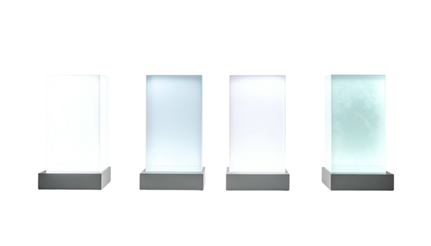 Four illuminated, rectangular pedestals on a black background, varying in light intensity and textures