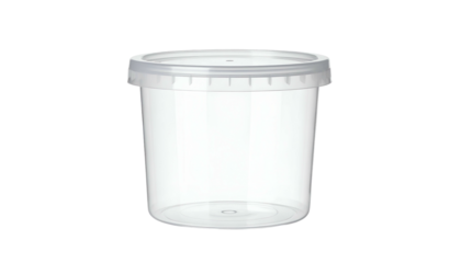A clear, cylindrical plastic container with a matching lid, isolated on a black background