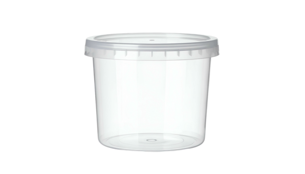 A clear, cylindrical plastic container with a matching lid, isolated on a black background