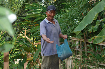 A father throws fish food into the pond with his hand, feeding the fish in his farmland during the afternoon, while surrounded by the calm rural atmosphere.