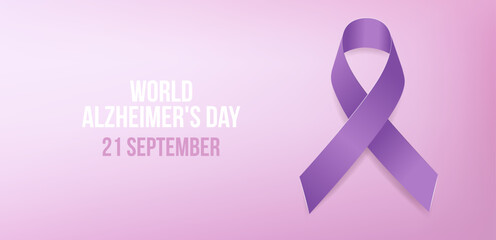 World Alzheimer's Day concept. Banner template with purple ribbon, human brain and text. Vector illustration.