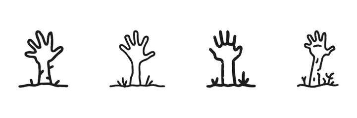 Obraz premium Zombie Hands Emerging From Ground Line Icon Set In Doodle Style. Halloween, Horror, And Undead Theme Outline Sketch Collection. Spooky And Creepy Design. Hand Drawn Isolated Vector Illustration