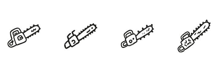 Chainsaw Line Icon Set In Doodle Style. Woodcutting, Forestry, And Logging Equipment Outline Sketch Collection. Hand Drawn Isolated Vector Illustration