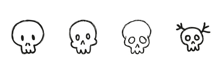 Fototapeta premium Skull Variations Line Icon Set In Doodle Style. Halloween, Danger, And Mortality Symbols Outline Sketch Collection. Spooky And Decorative Elements. Hand Drawn Isolated Vector Illustration