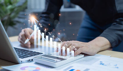 Financial calculation and business growth concept. Arrow indicating upward success, interest rate, profit analysis, investment planning, and money management for financial improvement.