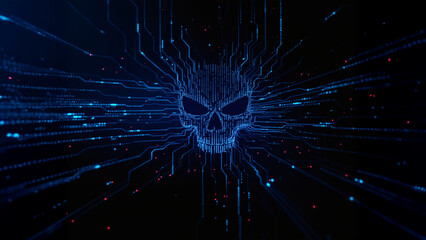 Digitaler Totenkopf aus blauen Datenlinien als Symbol für Cyberkriminalität
