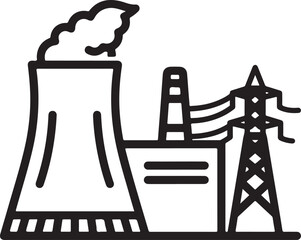 vector Illustration of a nuclear power plant with cooling tower, power lines, and electrical tower, representing energy generation, transmission, and infrastructure outline icon on