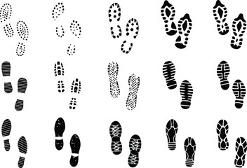 Collection of black shoe sole prints on white background