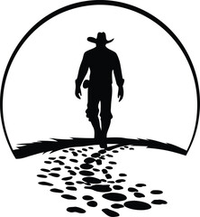 Cowboy walking on a path of footprints under an arch