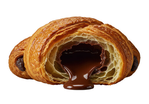 A single golden-brown, intensely flaky gourmet chocolate croissant with molten dark chocolate ganache oozing from its torn center, isolated on transparent background, studio spotlight, delicious