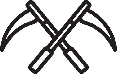 Vector art of a crossed scythes in black and white, the image features two scythes with curved blades and long handles, arranged in an x shape, suitable for graphic design outline icon on