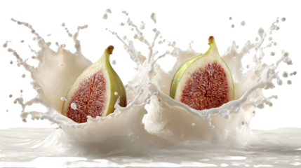 Two fresh figs splashing into milk isolated on transparent background