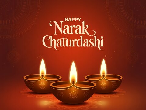 Traditional indian oil lamps called diyas lit brightly for the hindu festival of narak chaturdashi celebration