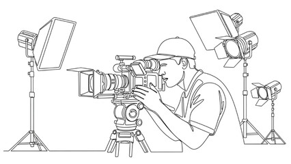 Black Line Drawing of Cinematographer Operating Camera on Tripod with Studio Lights – Symbol of Visual Creativity and Technical Mastery in Filmmaking